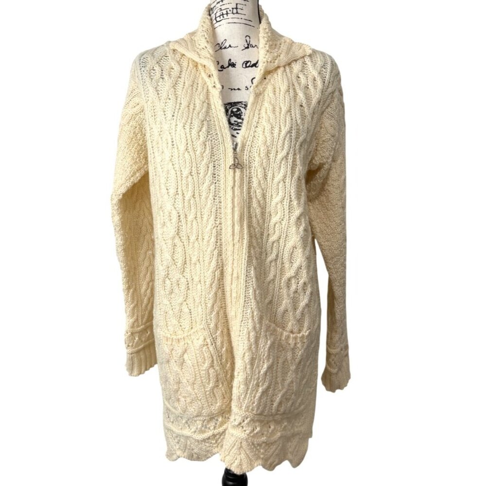 INIS CRAFTS SWEATER Irish Fisherman Cable Knit Zip Up Cardigan Merino Size M